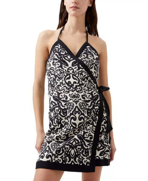French Connection Women's Printed Halter Sleeveless Wrap Dress Classic Cream 12