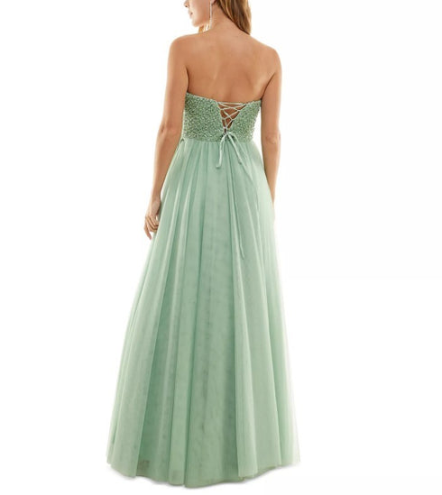 Say Yes to the Prom Juniors' Pearl Embellished A-Line Dress Pale Sage 3