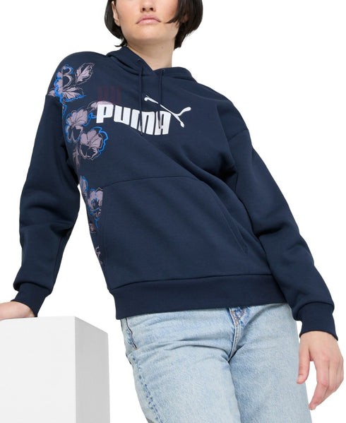 Puma Women's Essential Floral Vibes Logo-Front Hoodie Blue XS