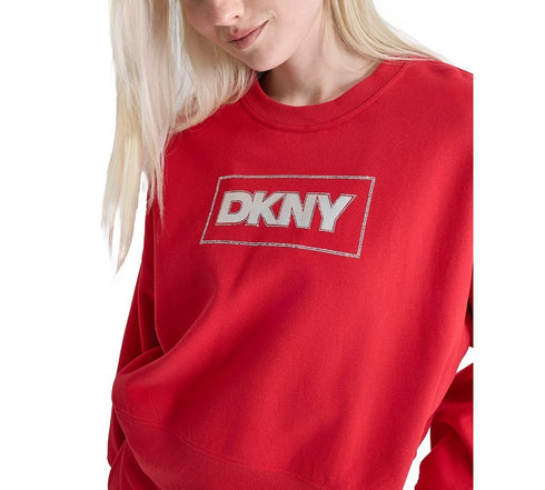 DKNY Sport Women's Rhinestone Crewneck Fleece Sweatshirt Red Light XL