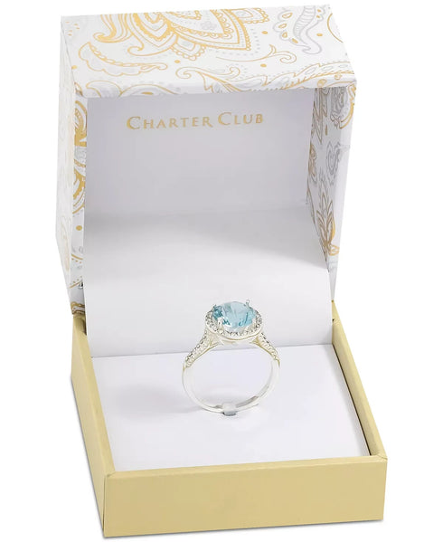 CHARTER CLUB Silver-Tone Pavé & Blue Crystal Halo Ring Size 5