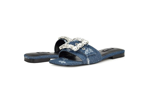 Nine West Women's Matter Slip-On Embellished Flat Sandals Dark Blue Denim 11M