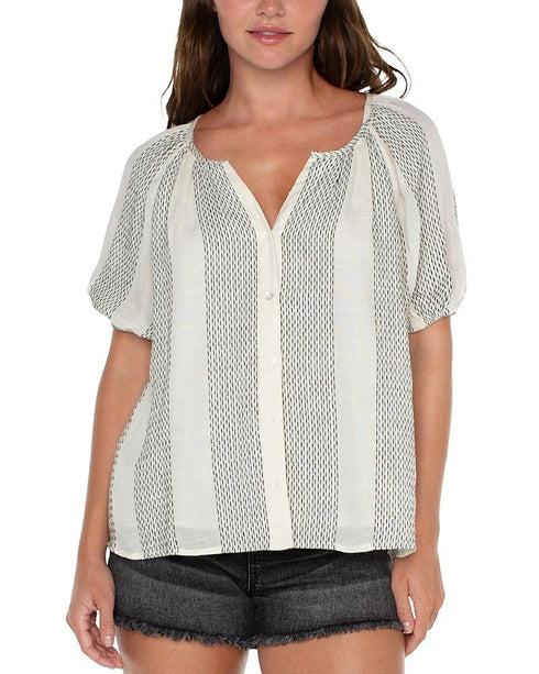 Liverpool Los Angeles Puff Sleeve Shirred Woven Top Vintage White Black Size XS