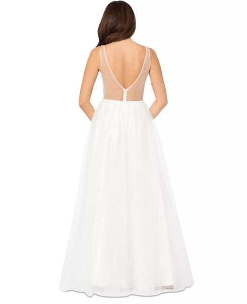 Blondie Nites Juniors' Mesh-Bodice Rhinestone-Embellished Gown 1 Ivory