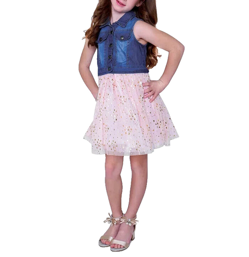 RARE EDITIONS Toddler Girls Denim Vest to Foil Printed Mesh Dress Pink Size 4T