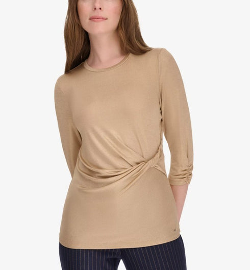 Tommy Hilfiger Women's Long-Sleeve Faux-Wrap Top Champagne Glow M