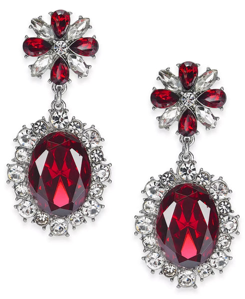 Charter Club Silver-Tone Red Stone and Crystal Drop Earrings