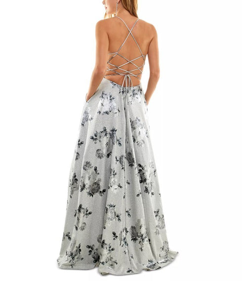 City Studios Juniors' Lace-Up Floral Glitter Gown Silver Charcoal 1