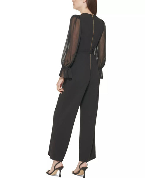 Calvin Klein Crewneck Chiffon Flare-Leg Jumpsuit Black 16