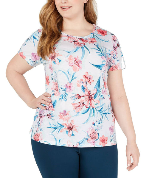 Ideology Plus Women's Floral Printed Keyhole Back T-Shirt White Size 3X