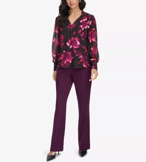 Calvin Klein Women's Printed V-Neck Long-Sleeve Blouse Black Multicolor M