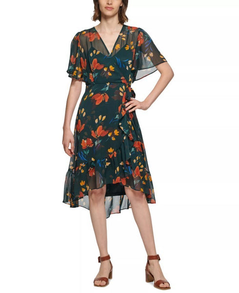 Calvin Klein Floral-Print Faux-Wrap Dress Malachite 14