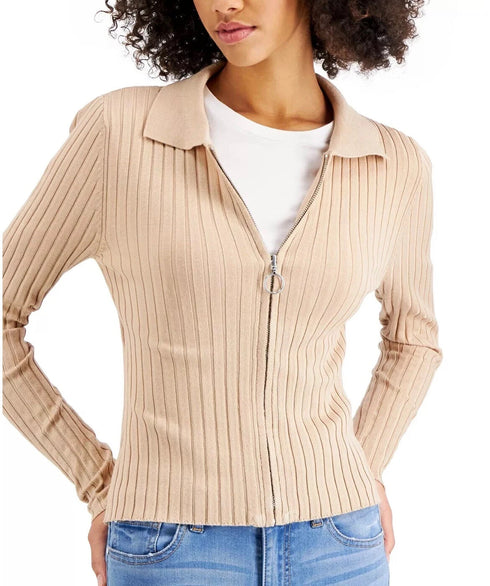 Hooked up by Iot Juniors' Ribbed Zip-up Cardigan, Nude, Size XS