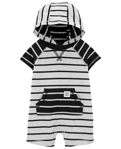 CARTER'S Baby Boys Hooded Romper Gray w/ Black Stripes Size 9 Months