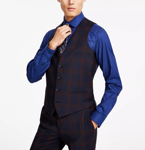 Bar III Men's Slim-Fit Plaid Suit Vest Burgundy Blue Size Small