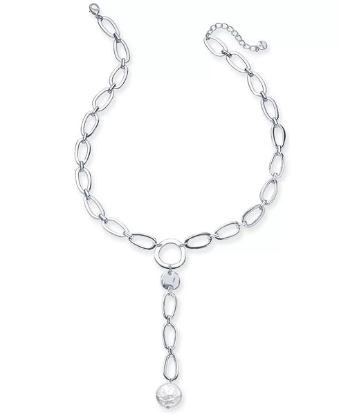 ALFANI Disc & Imitation Pearl Link Lariat Necklace, 25-1/2" + 2" ext