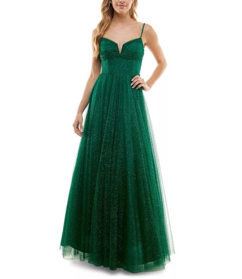City Studios Juniors' Glitter-Mesh Pleated-Bodice Gown Green 3