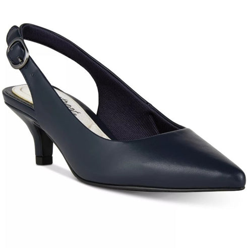 Easy Street Faye Slingback Kitten-Heel Pumps Navy Solid Pointed Toe 12M