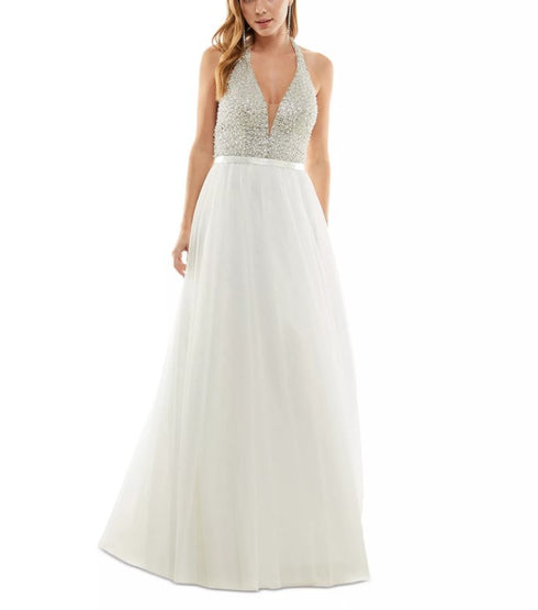 Say Yes to the Prom Juniors' Bead-Embellished Sleeveless Halter Gown Ivory 3