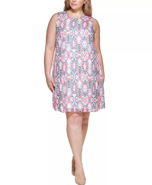 Calvin Klein Plus Size Printed Chiffon Dress Hibiscus Multicolor 22W