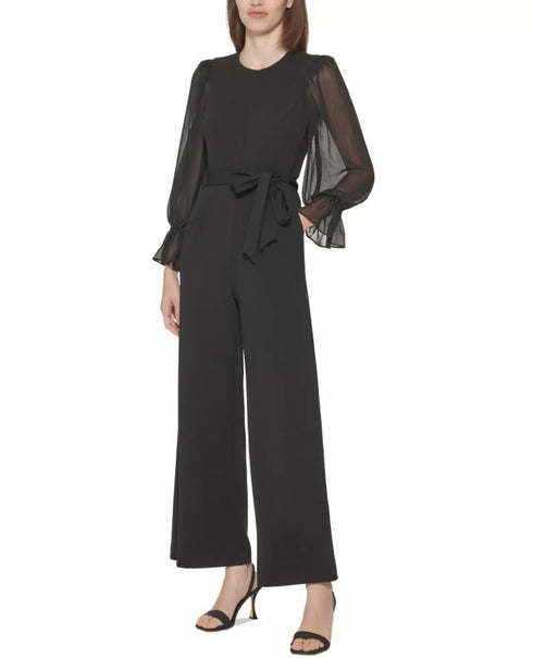 Calvin Klein Crewneck Chiffon Flare-Leg Jumpsuit Black 16