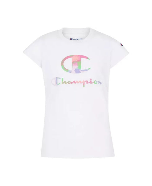 CHAMPION Girls Tie Dye C Script Short Sleeve Tee White Size 6X