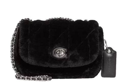 COACH Black Fur Pillow Madison 18 Quilted Shearling Shoulder Bag Purse CE720