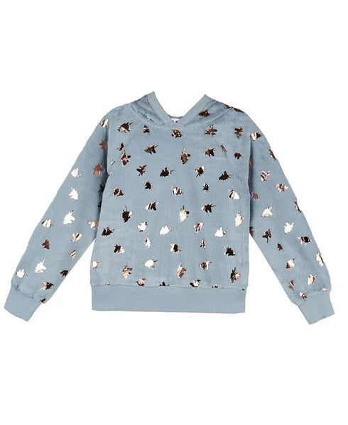 BEAUTEES Big Girls Long Sleeve Foil Print Faux Fur Banded Hoodie Top Blue Size M