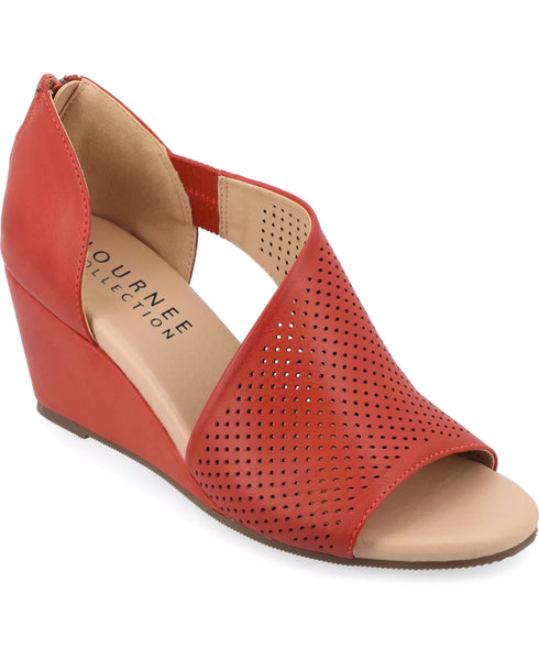 Journee Collection Women's Aretha Perforated Peep Toe Wedge Sandals Rust Size 7W