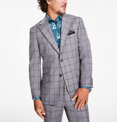 Tallia Men's Slim-Fit Stretch Plaid Suit Jacket Gray Brown Window Size 36S