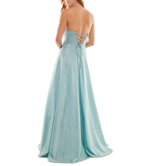 Say Yes to the Prom Juniors' Lace-Up-Back Strapless Gown Light Blue Silver 3