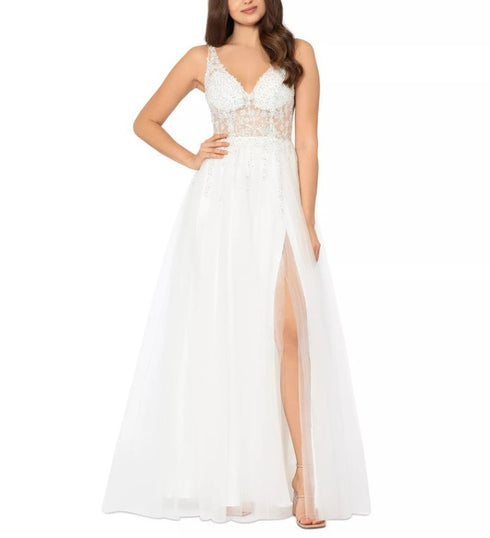Blondie Nites Juniors' Mesh-Bodice Rhinestone-Embellished Gown 1 Ivory