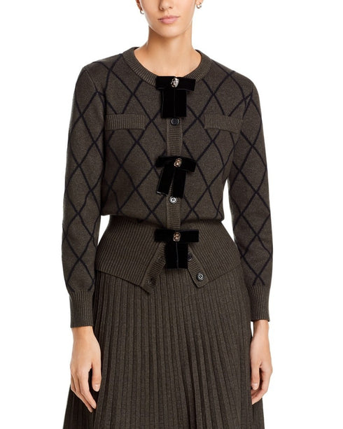 Nancy Yang Embellished Velvet Bow Knit Cardigan Charcoal Size XS