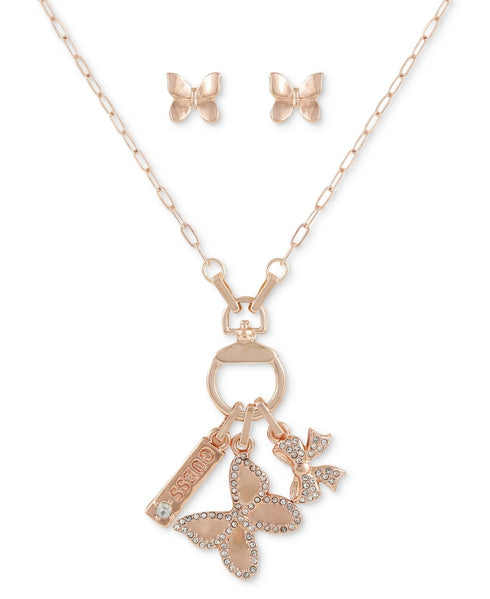 Guess Pave Butterfly Multi-Charm Pendant Necklace & Stud Earrings Set