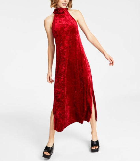 Bar III Women's Halter-Neck Side-Slit Maxi Dress Red XL