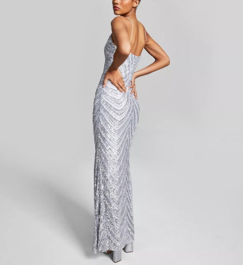 B Darlin Juniors' Sequined Bungee-Strap Gown Gray Silver 9/10