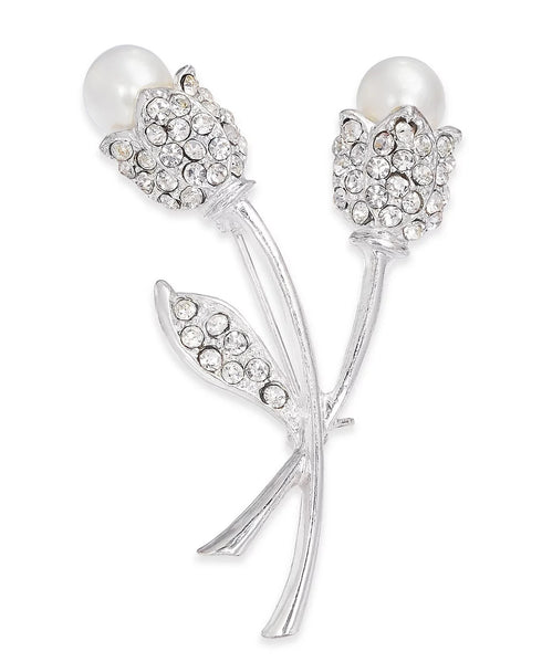 Charter Club Silver-Tone Crystal & Imitation Pearl Tulip Pin