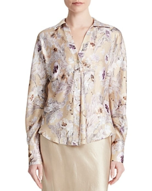 Vince Wild Flower Bias Silk Blouse Brown XL