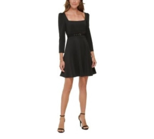 DKNY Women's Square-Neck Puff-Shoulder Belted A-Line Dress Black 2