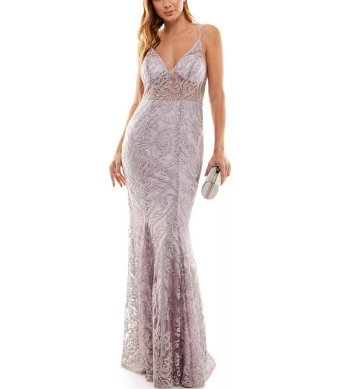 Speechless Juniors' Embroidered V-Neck Illusion Gown Mauve Lavender 15