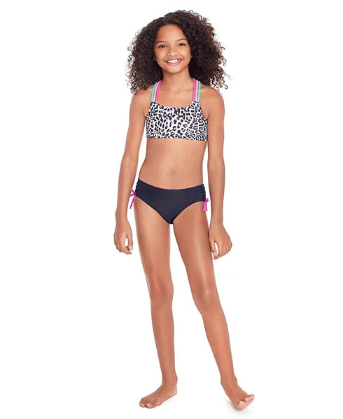 GLITTER BEACH Big Girls Bikini Top Black & White w/ Animal Print Size 10