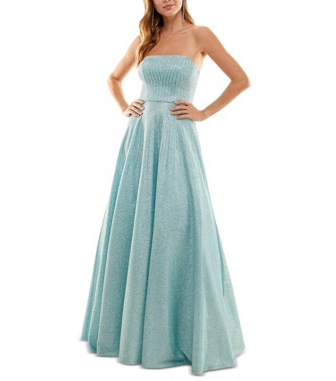 Say Yes to the Prom Juniors' Lace-Up-Back Strapless Gown Light Blue Silver 3