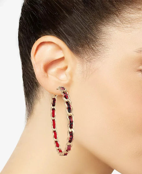 Thalia Sodi Gold-Tone Red Animal Print Woven Chain Hoop Earrings