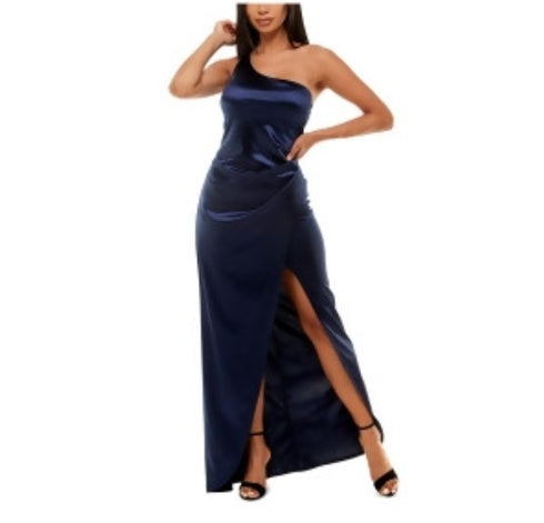 Emerald Sundae Juniors' Satin One-Shoulder Gown Navy L