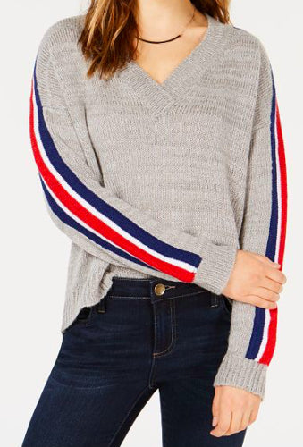 Ultra Flirt Juniors' Varsity-Stripe V-Neck Sweater, Grey, Large