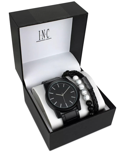 INC Men's Black-Tone Bracelet Watch 45mm & 2-Pc. Bracelet Set
