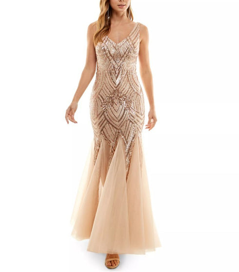 pear culture Juniors' Sequined Mesh-Godet Evening Gown Blush 5/6