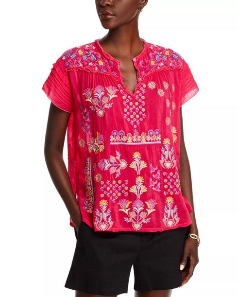 Johnny Was Laferet Embroidered Split Neck Blouse Pink M