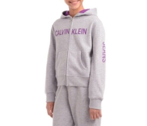 Calvin Klein Big Girls Logo Zip-up Hoodie - Light Gray & Purple Size L (12-14)