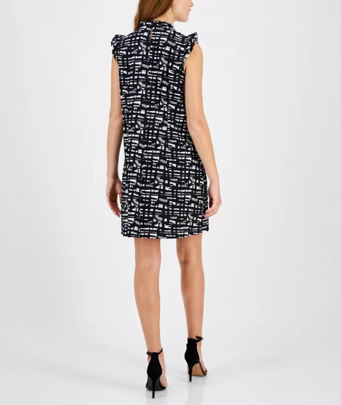 Robbie Bee Women's Printed Tie-Neck A-Line Dress Ivory Black M
